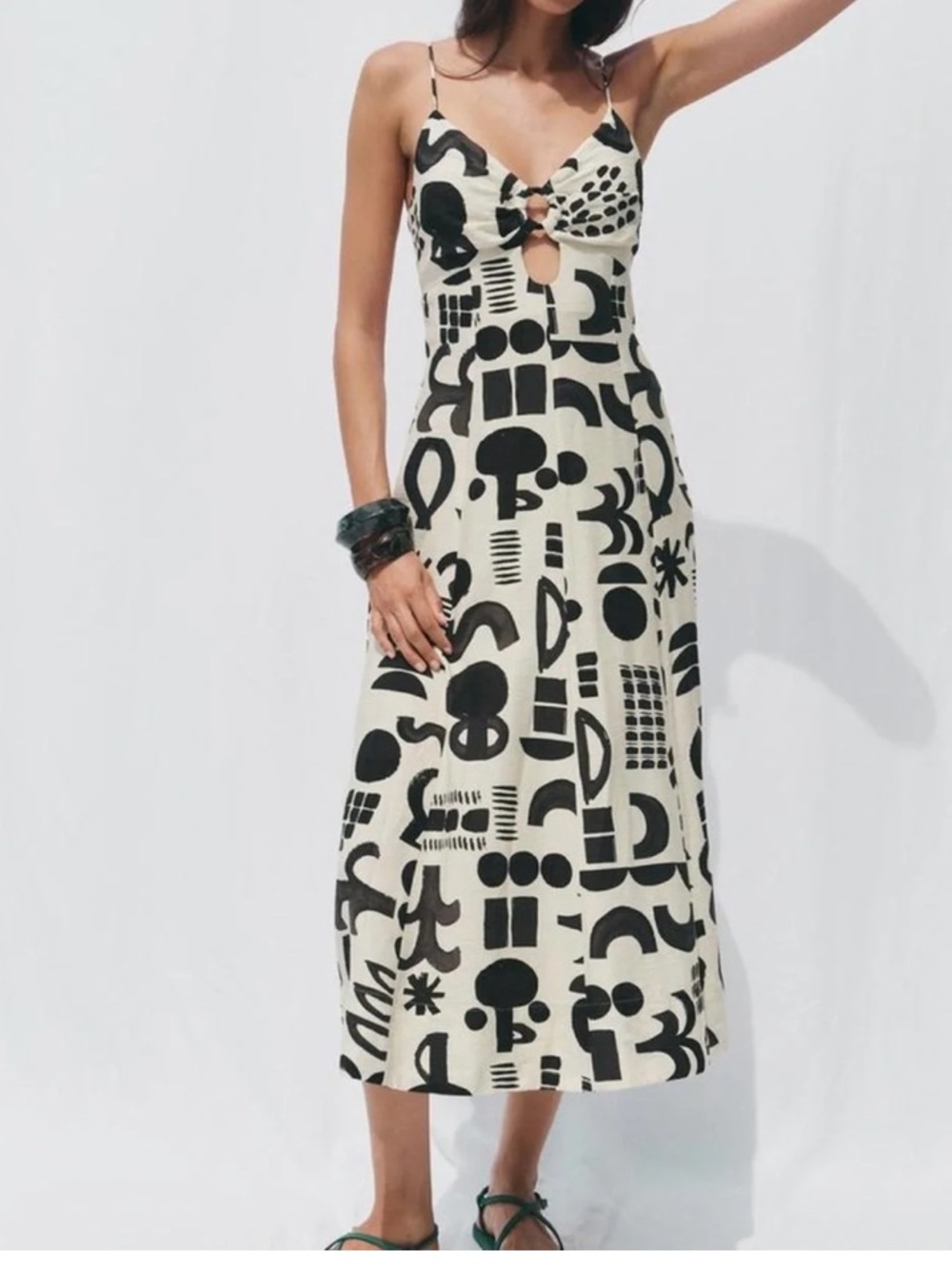Zara Midi Cutout Dress Geometric Black Tan Sz Small Open Back Strappy Tie Back